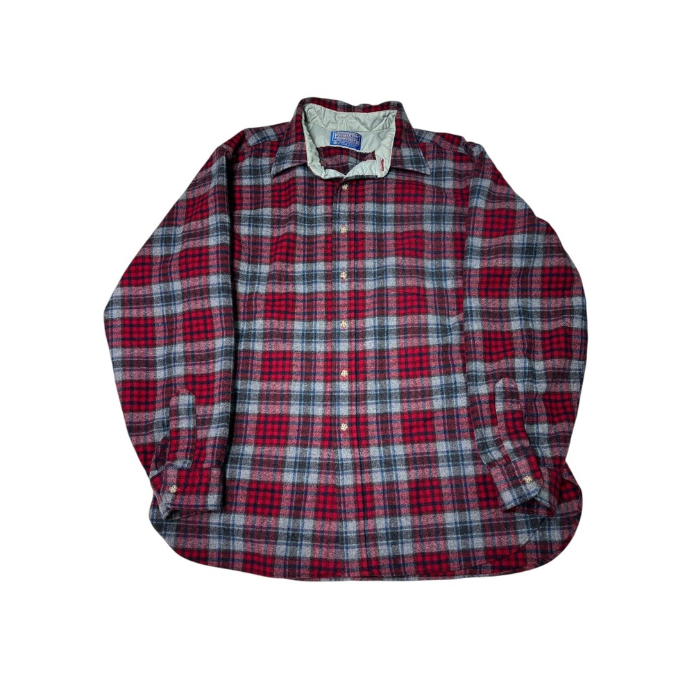 Vtg‎ 60/70s Pendleton XL Plaid Wool Shirt Men's Red Blue Button Up Long Sleeve